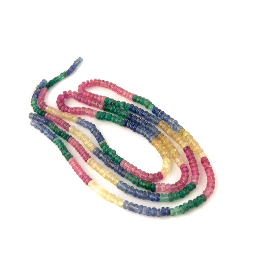 Multi precious faceted rondelle beads sized 3.5–4mm arranged in a 40–43cm strand, showcasing bright mixed gemstone colours and fine sparkle.