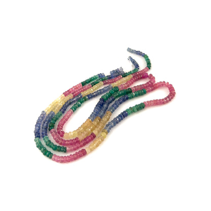 Mixed precious gemstone beads in faceted rondelle form, displaying rich tones and sparkling facets across a 40–43cm strand.