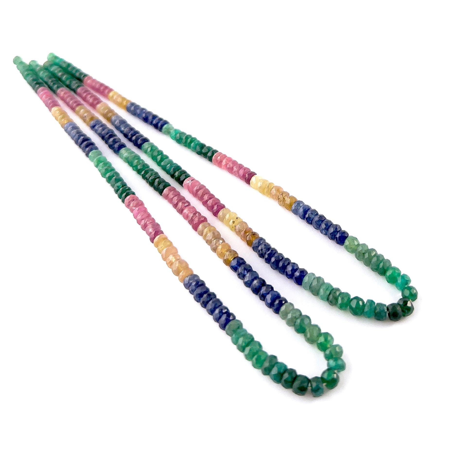 Handcrafted strand of Ruby, Emerald, Blue Sapphire and Yellow Sapphire rondelle beads with consistent sizing and radiant shine.