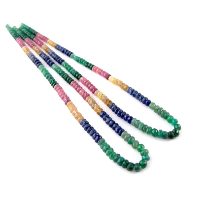 Handcrafted strand of Ruby, Emerald, Blue Sapphire and Yellow Sapphire rondelle beads with consistent sizing and radiant shine.
