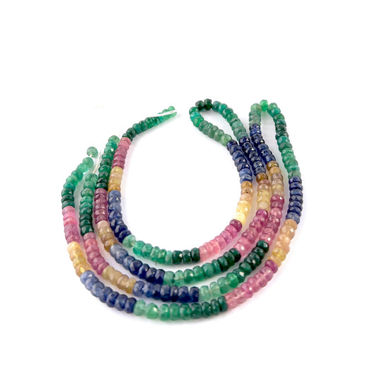 Multi precious faceted rondelle beads sized 5–5.5mm arranged in a 40cm strand, showcasing bright mixed gemstone colours and polished sparkle.