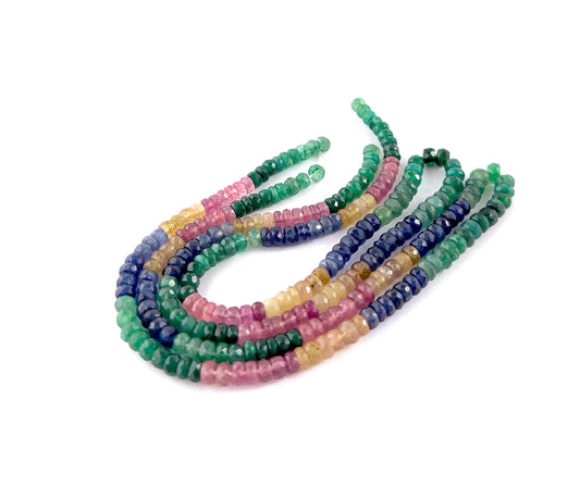 Genuine multi precious gemstone beads in faceted rondelle cut, offering vivid colour variation and crisp faceting in a 114‑carat strand.