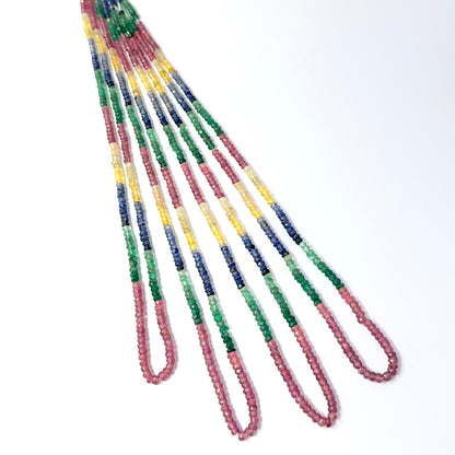 Detailed 2.8–3.5mm multi precious rondelles showing vibrant red, blue, yellow and green hues for DIY jewellery making.