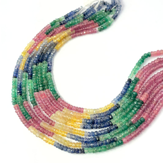 Multi precious faceted rondelle beads in ruby, sapphire and emerald tones, ideal for genuine gemstone beads in DIY jewellery.