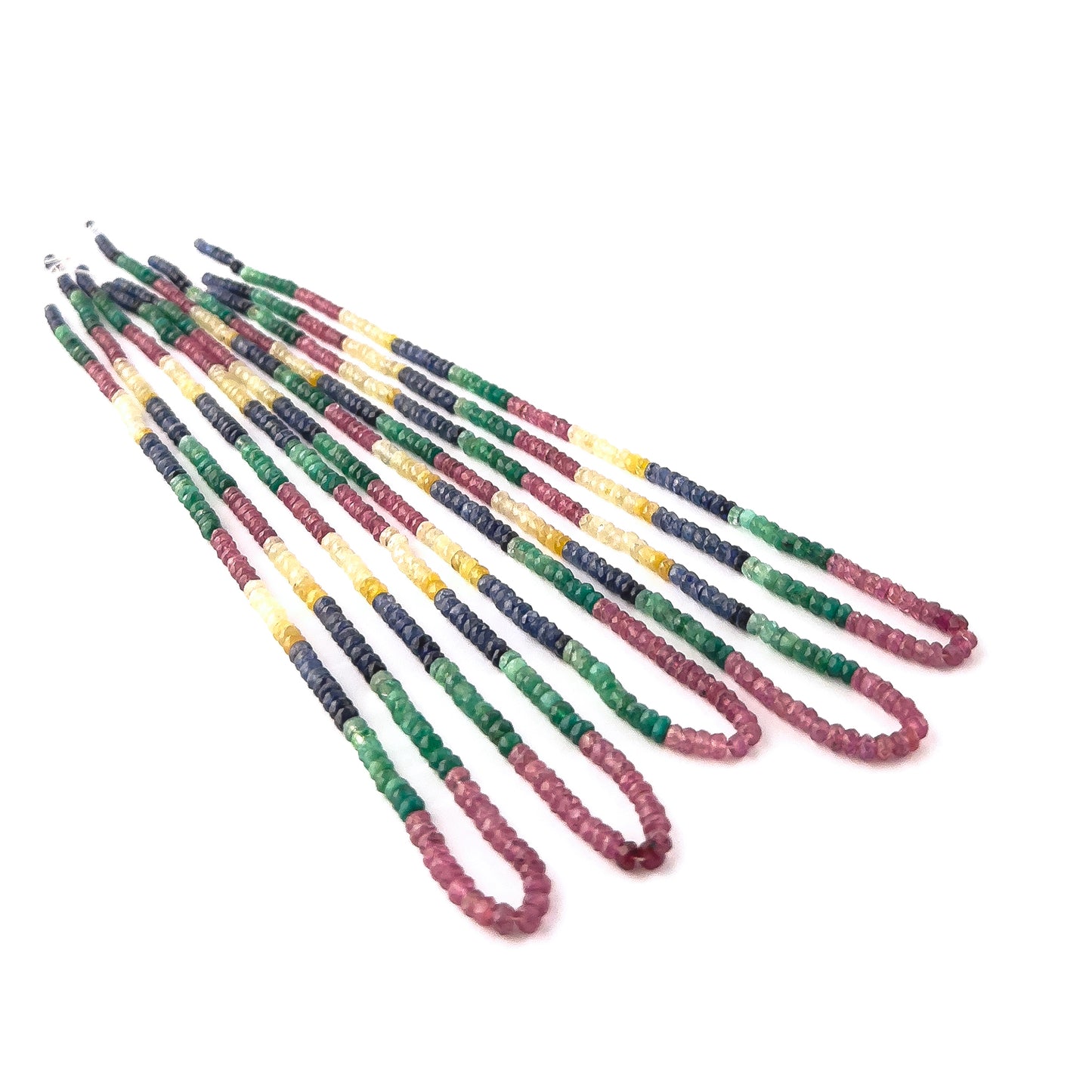 Handcrafted strand featuring Ruby, Emerald, Blue Sapphire and Yellow Sapphire faceted rondelle beads with polished brilliance.