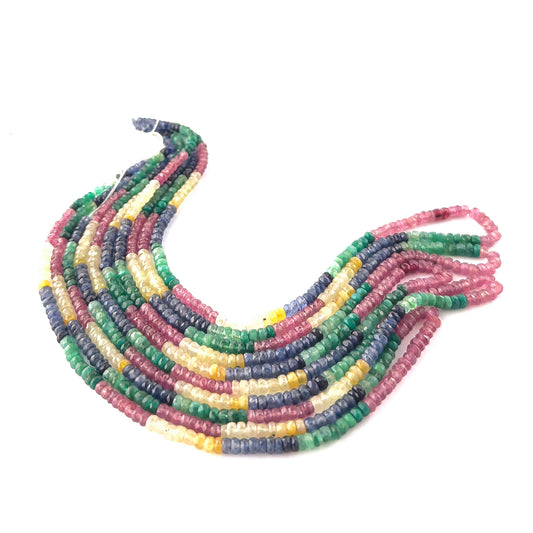 Genuine multi precious gemstone beads in faceted rondelle cut, offering bright sparkle and rich colour variation in a 62‑carat strand.