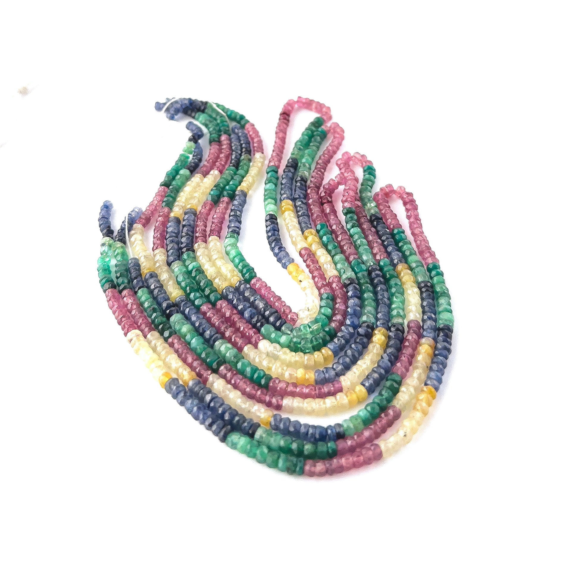 Mixed precious gemstone beads in 3.5–4mm faceted rondelle form, ideal for DIY jewellery and artisan beadwork with vivid tones.