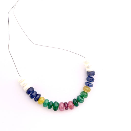 Multi precious and freshwater pearls smooth rondelle beads 6.2–6.7mm, 23 pieces, 35 carats, lustrous mix for jewellery making.