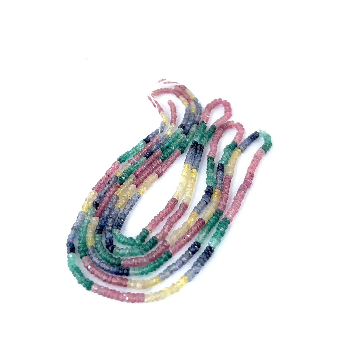 Multi Precious faceted rondelle beads sized 3–3.5mm arranged in a 41–44cm strand, showing bright mixed gemstone colours and fine sparkle.