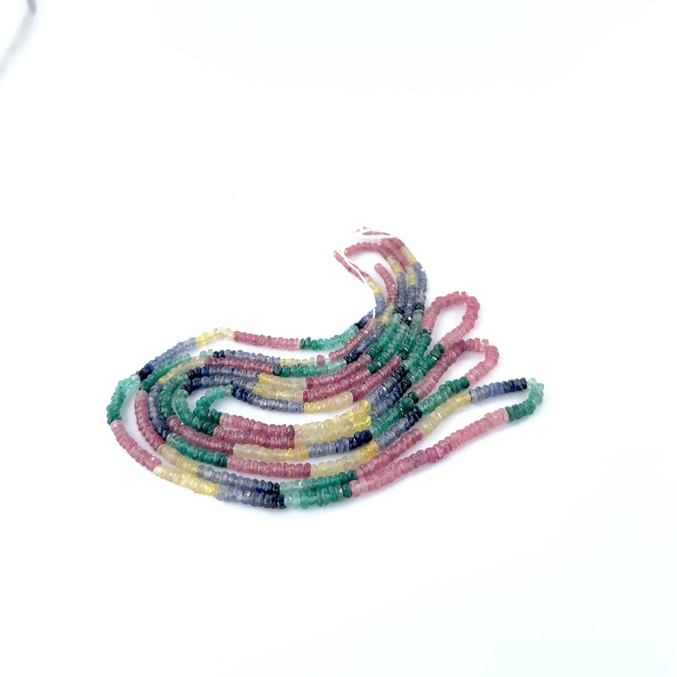Multi Precious gemstone rondelles in 3–3.5mm size, offering vivid colour variation and crisp faceting in a 40‑carat strand.