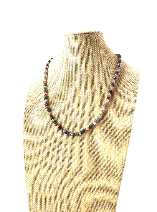 Multi Precious Gemstone necklace featuring faceted rondelle 5–5.5mm beads in Ruby, Emerald, Blue Sapphire and Yellow Sapphire arranged in a 50cm strand.