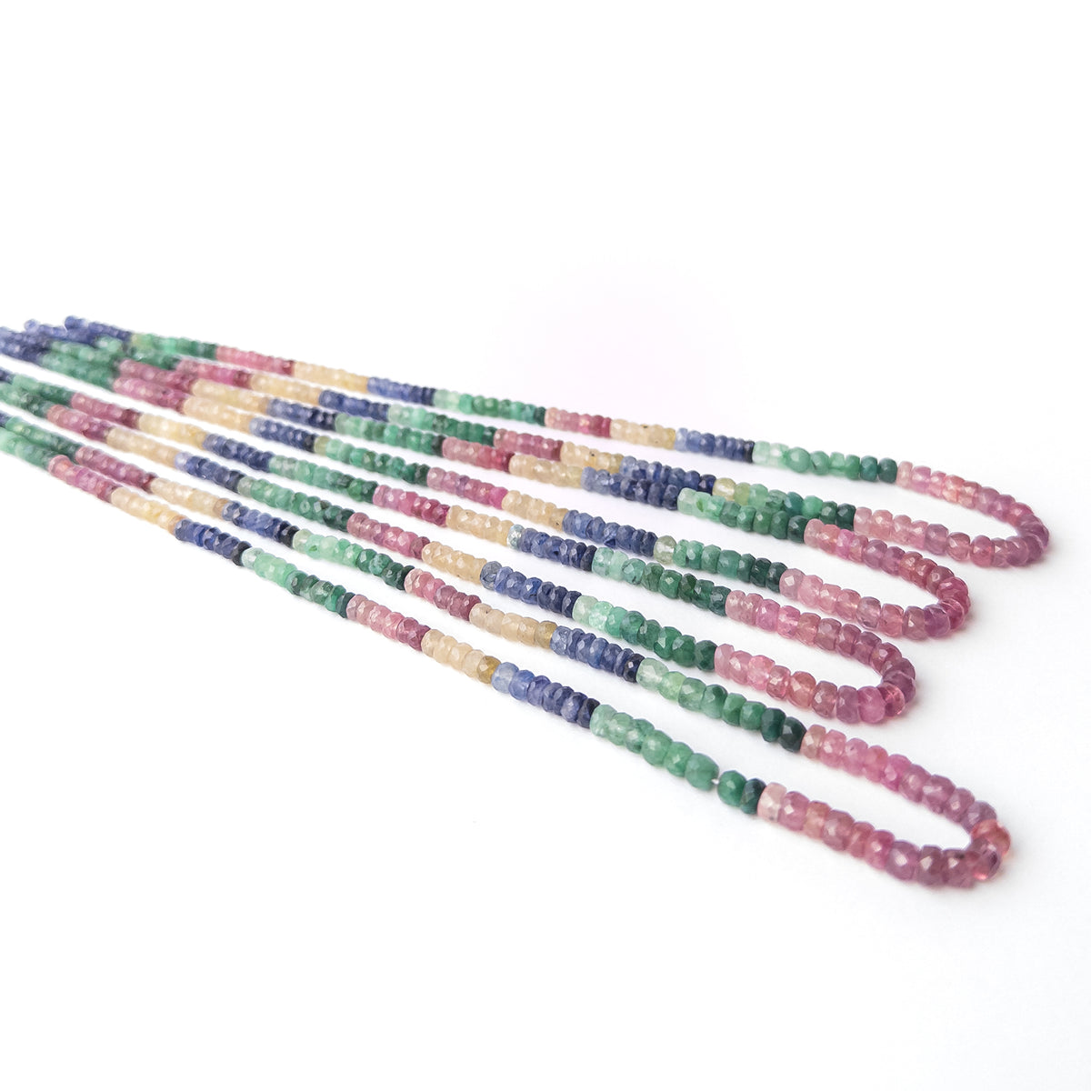 Multi Precious Ruby Blue Sapphire Yellow Sapphire and Emerald faceted rondelle gemstone beads strand featuring vibrant mixed gemstone colours and elegant sparkle.