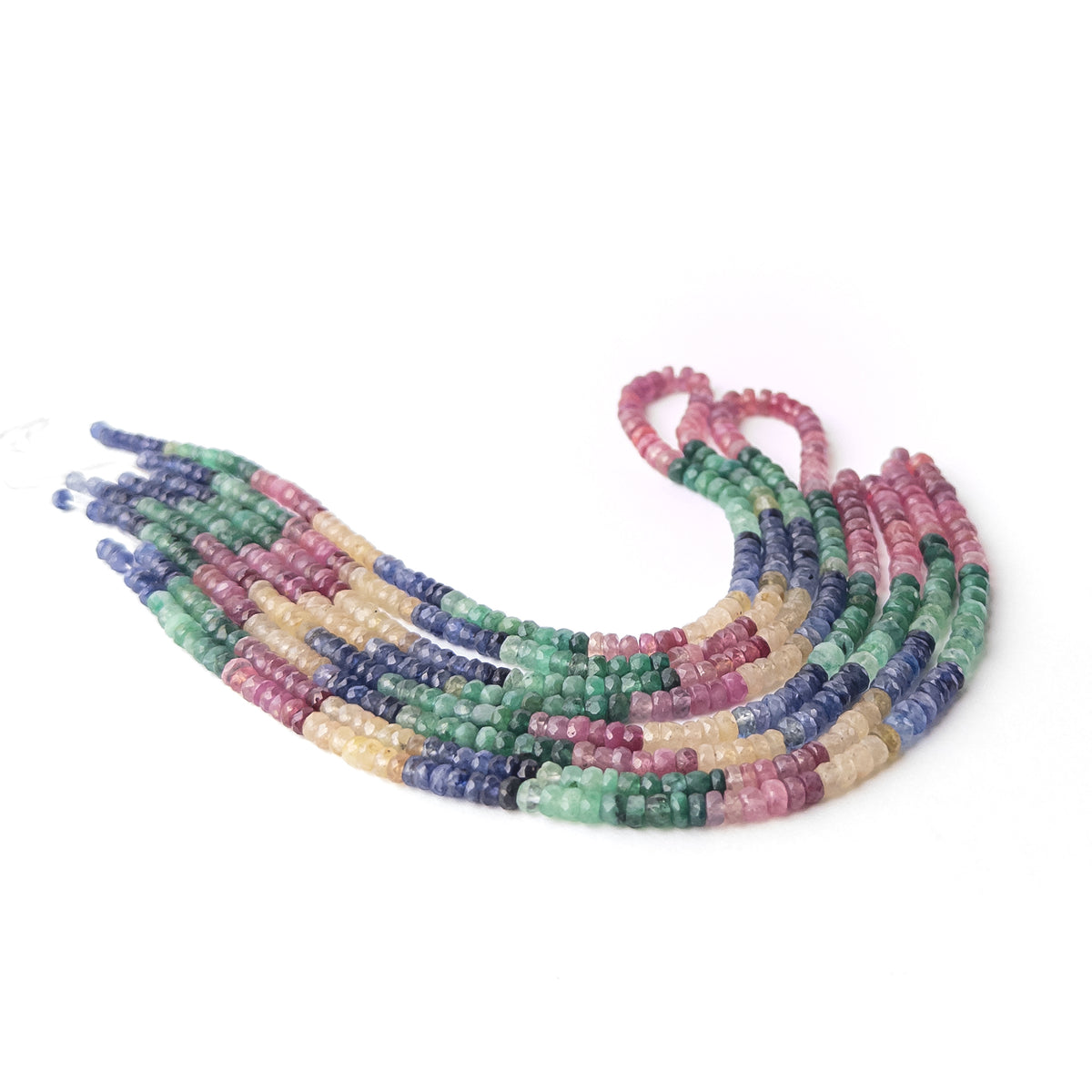 Authentic multi precious stone beads showcasing Ruby Sapphire and Emerald gemstones in finely faceted rondelle cuts.