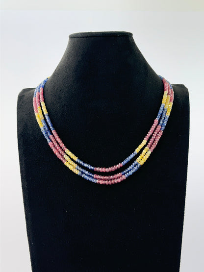 Elegant triple‑strand multi‑precious necklace showcasing faceted 4–4.5mm rondelle beads.
