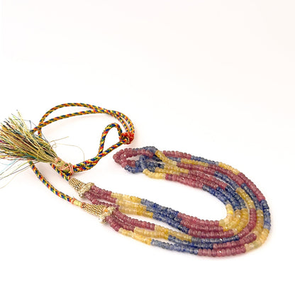 Multi‑strand ruby, blue sapphire, and yellow sapphire necklace arranged in 40–43cm lengths.