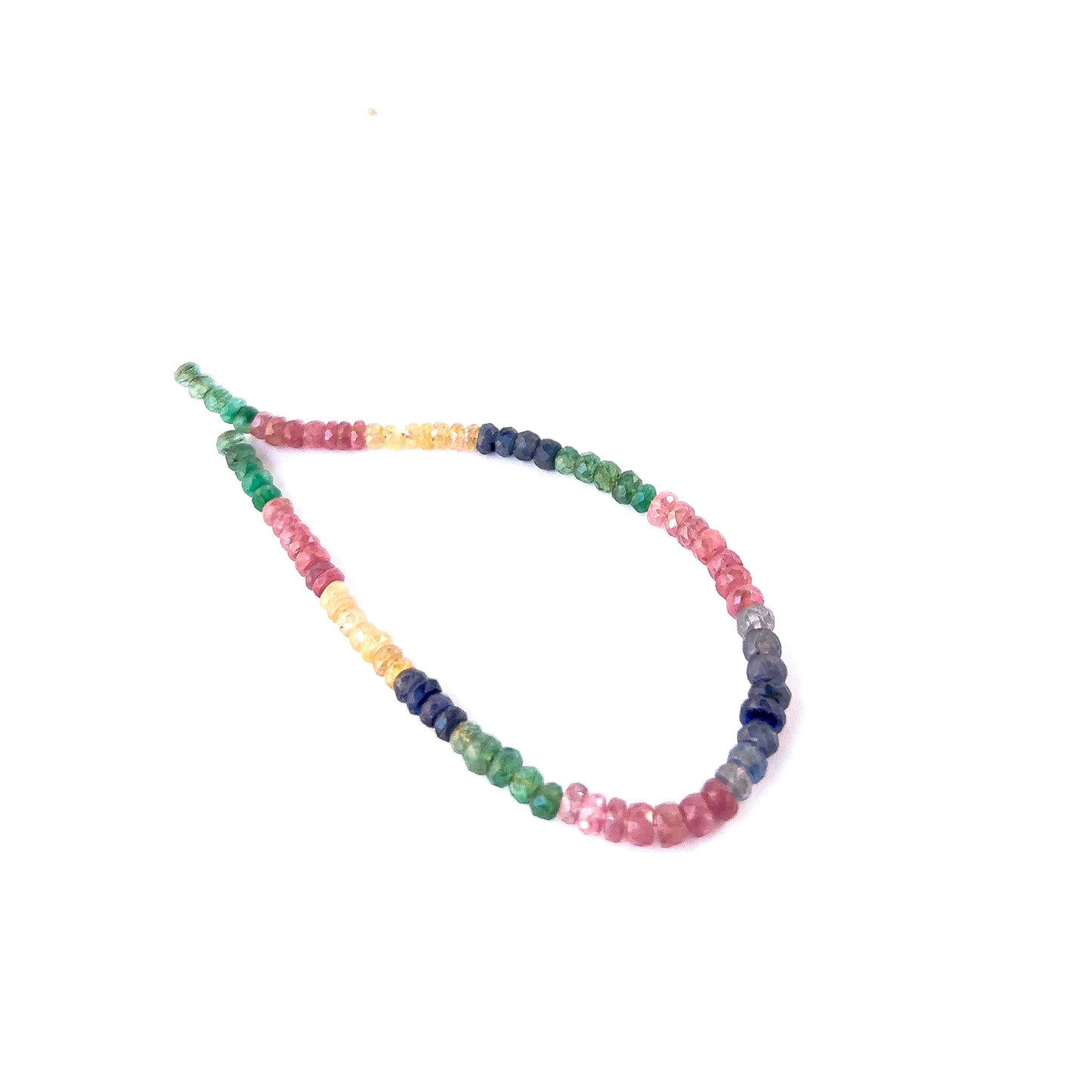 Vibrant Ruby, Emerald and Sapphire faceted rondelle gemstone beads arranged on a strand for handmade jewellery components.