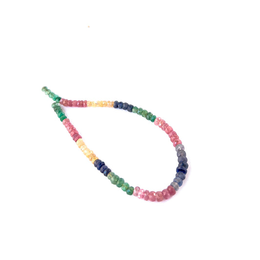 Vibrant Ruby, Emerald and Sapphire faceted rondelle gemstone beads arranged on a strand for handmade jewellery components.