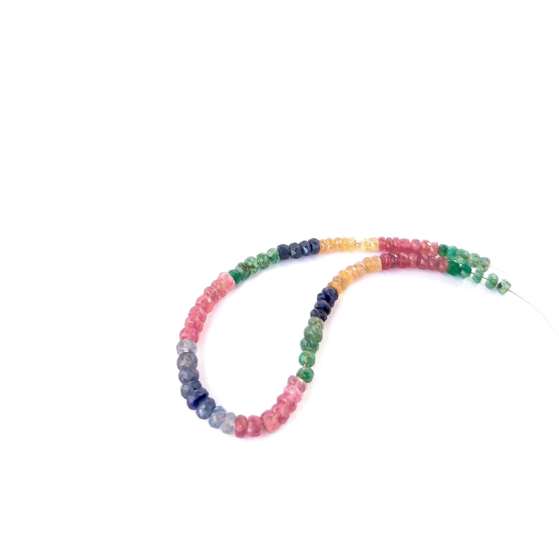 Sparkling Ruby, Emerald and Sapphire rondelles aligned on a 21cm strand, ideal for handmade jewellery components.