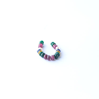 Multi‑precious Ruby, Emerald, Sapphire and Freshwater Pearl smooth rondelle beads arranged in a vibrant strand.