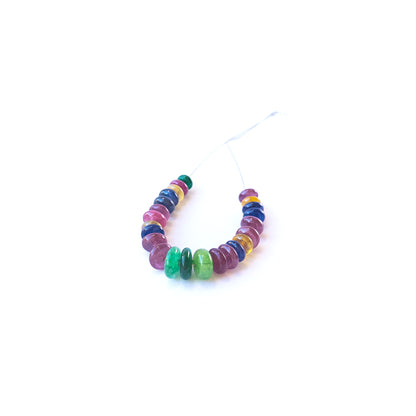 Close‑up of genuine Ruby, Emerald and Sapphire rondelle stone beads showing polished shine and premium gemstone quality.