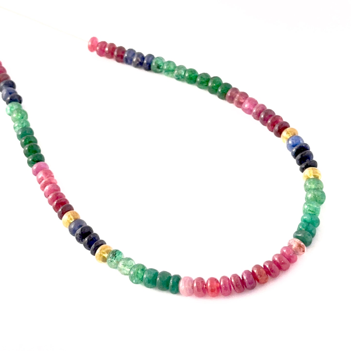 Mixed Ruby, Sapphire and Emerald rondelle beads with shine and gemstone clarity.