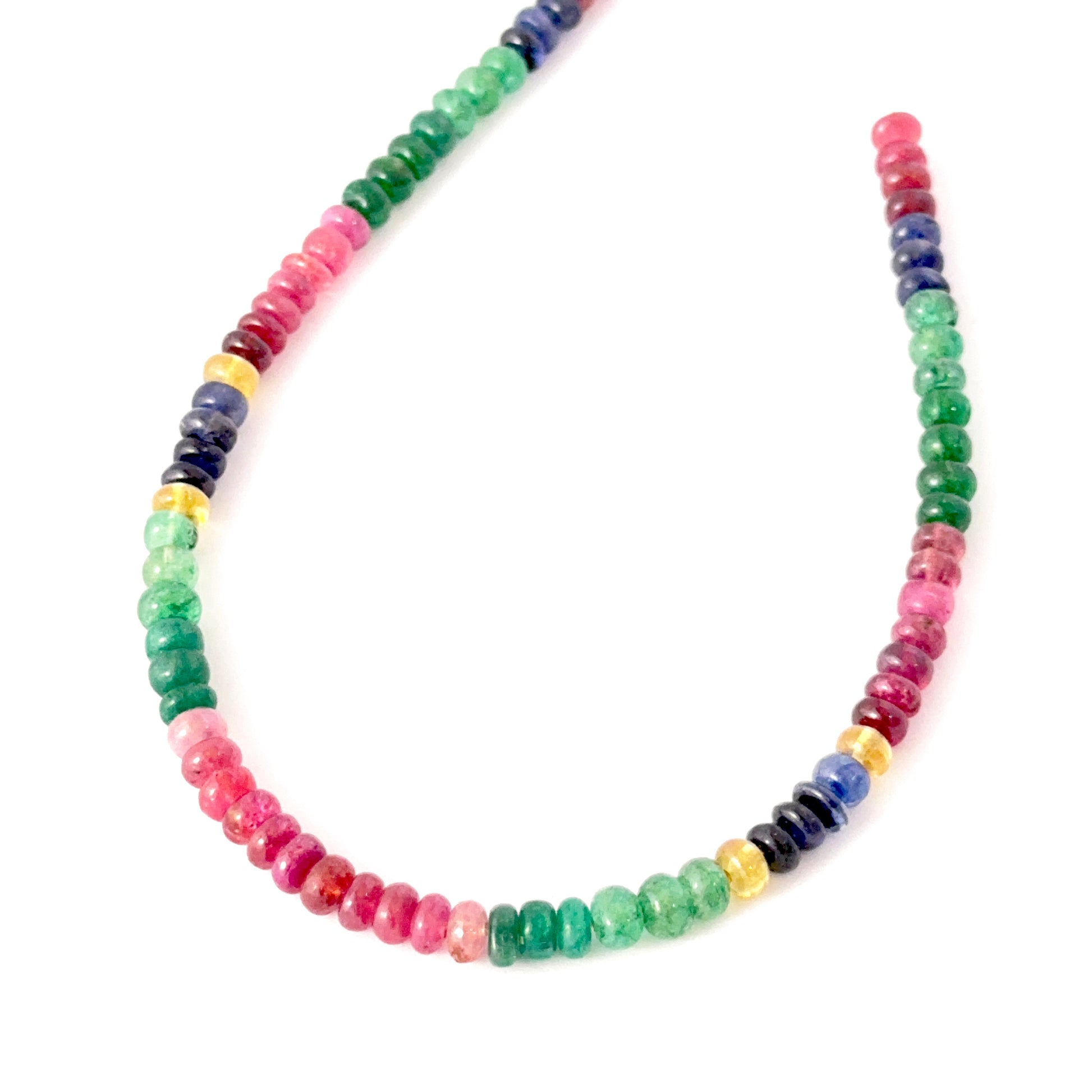 Multi Precious 4–4.9mm gemstone beads displaying smooth cuts and colourful arrangement.
