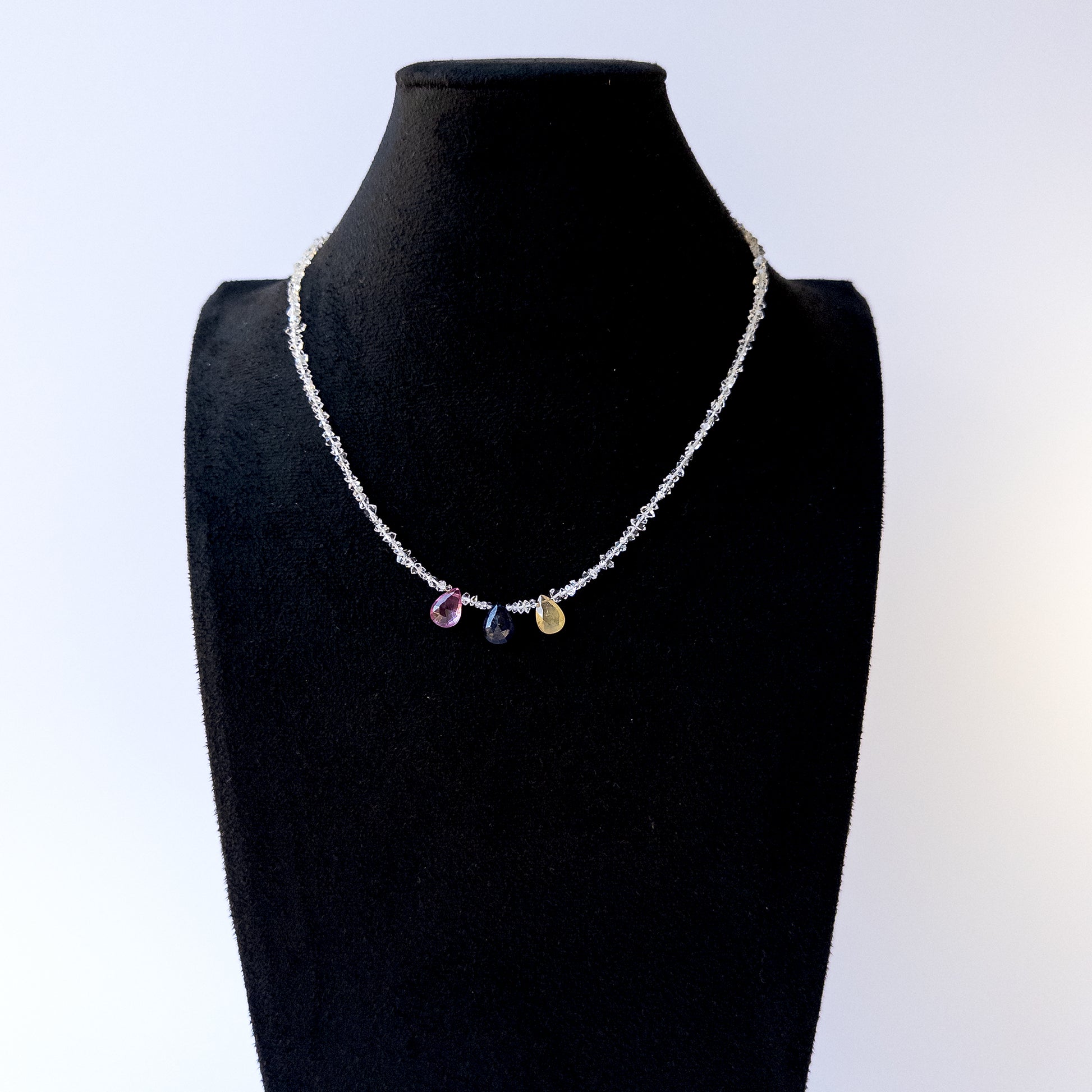 Authentic Precious Stone and Herkimer Diamond beads showcasing shimmer and fine teardrop detailing for designers.