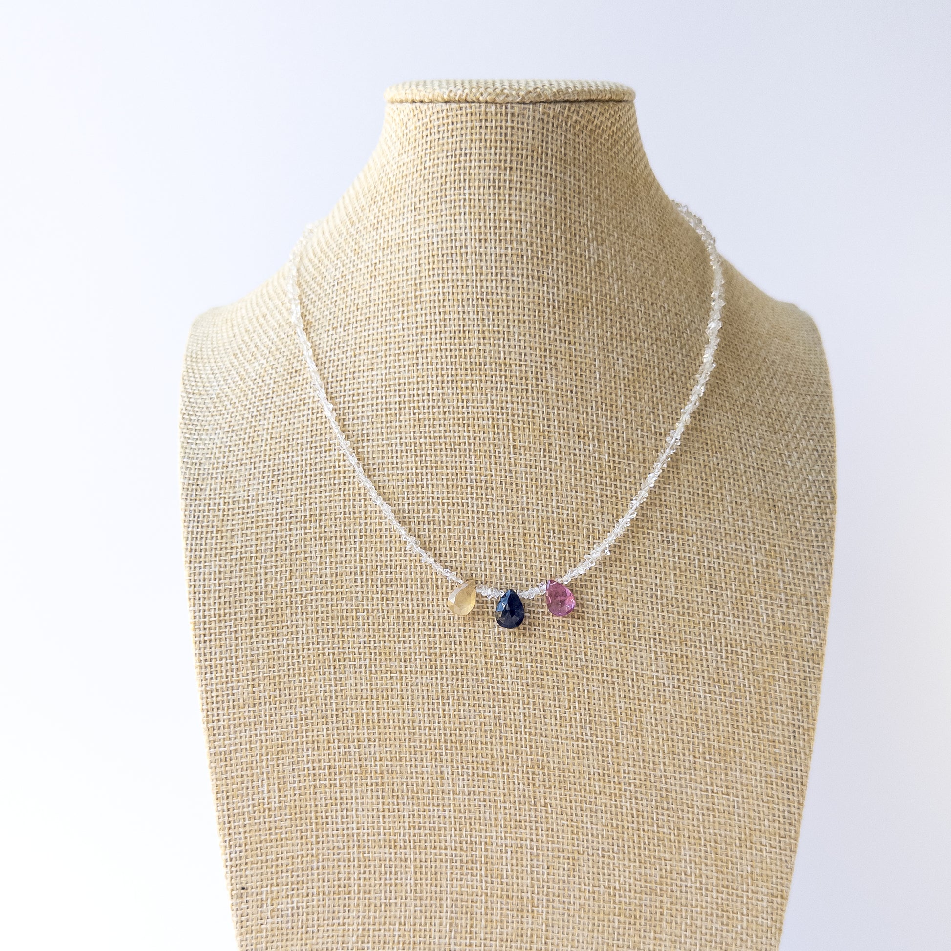 Delicate Precious Stone and Herkimer Diamond beads arranged in a faceted teardrop and chip necklace for jewellery making.