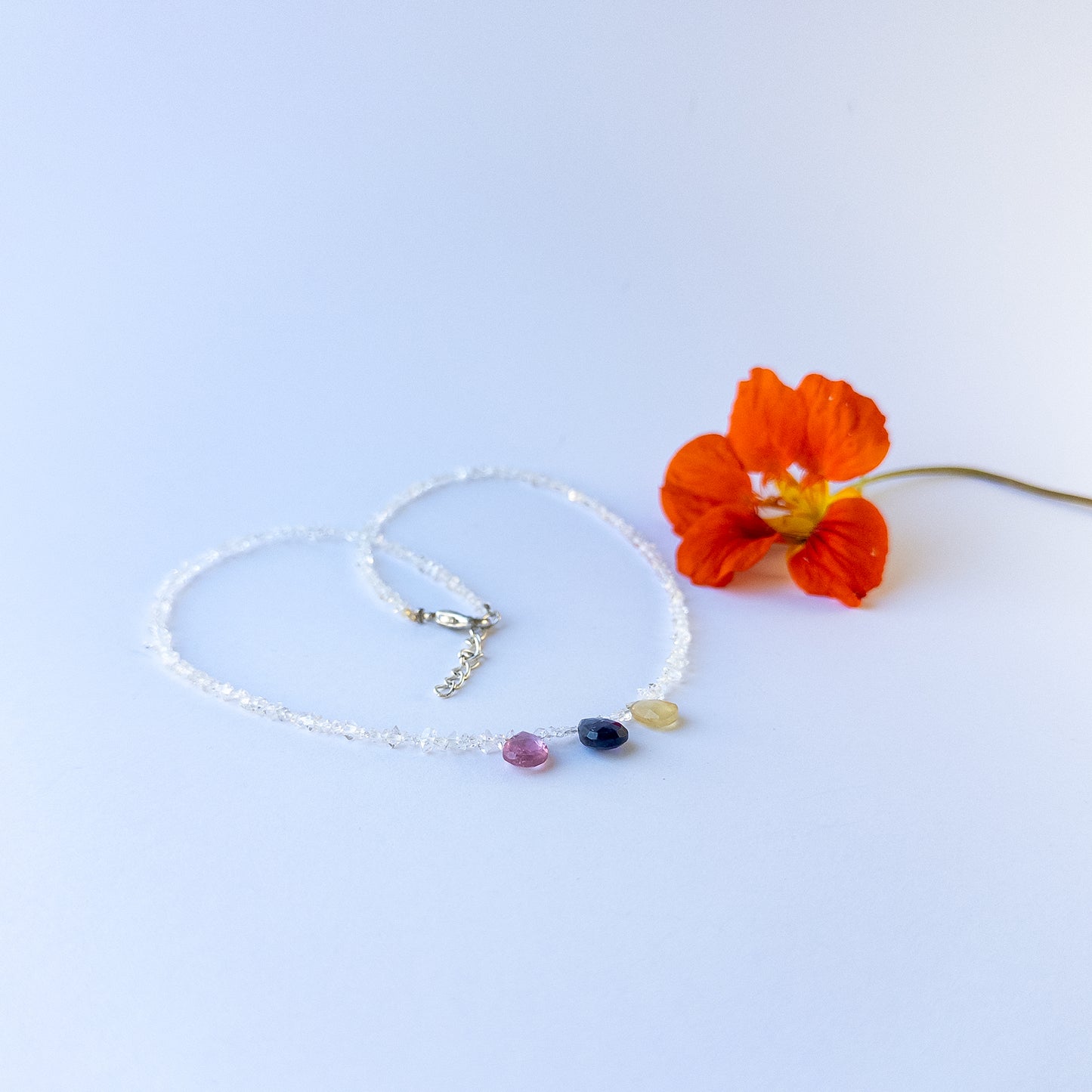 Close up of Precious Stone and Herkimer Diamond beads showing clarity, sparkle and faceted detailing for crafting.
