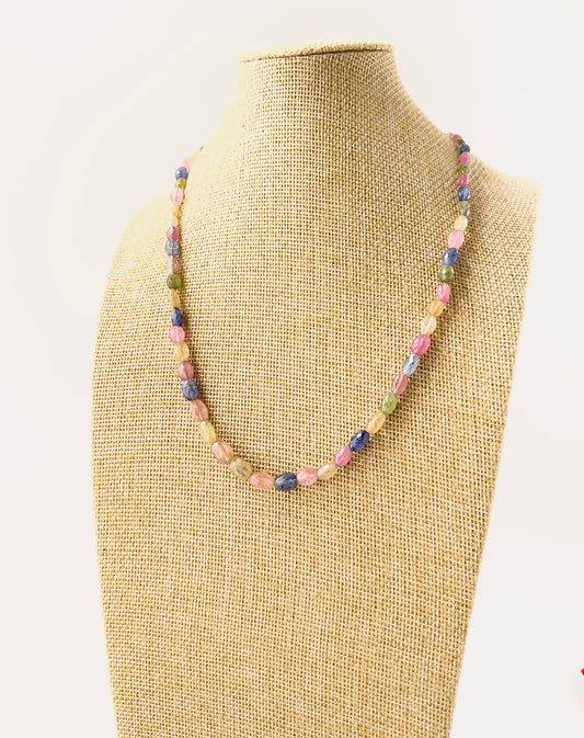 Genuine multi‑colour Sapphire faceted oval beads with bright sparkle and rich tones, crafted into an elegant 50cm adjustable necklace.