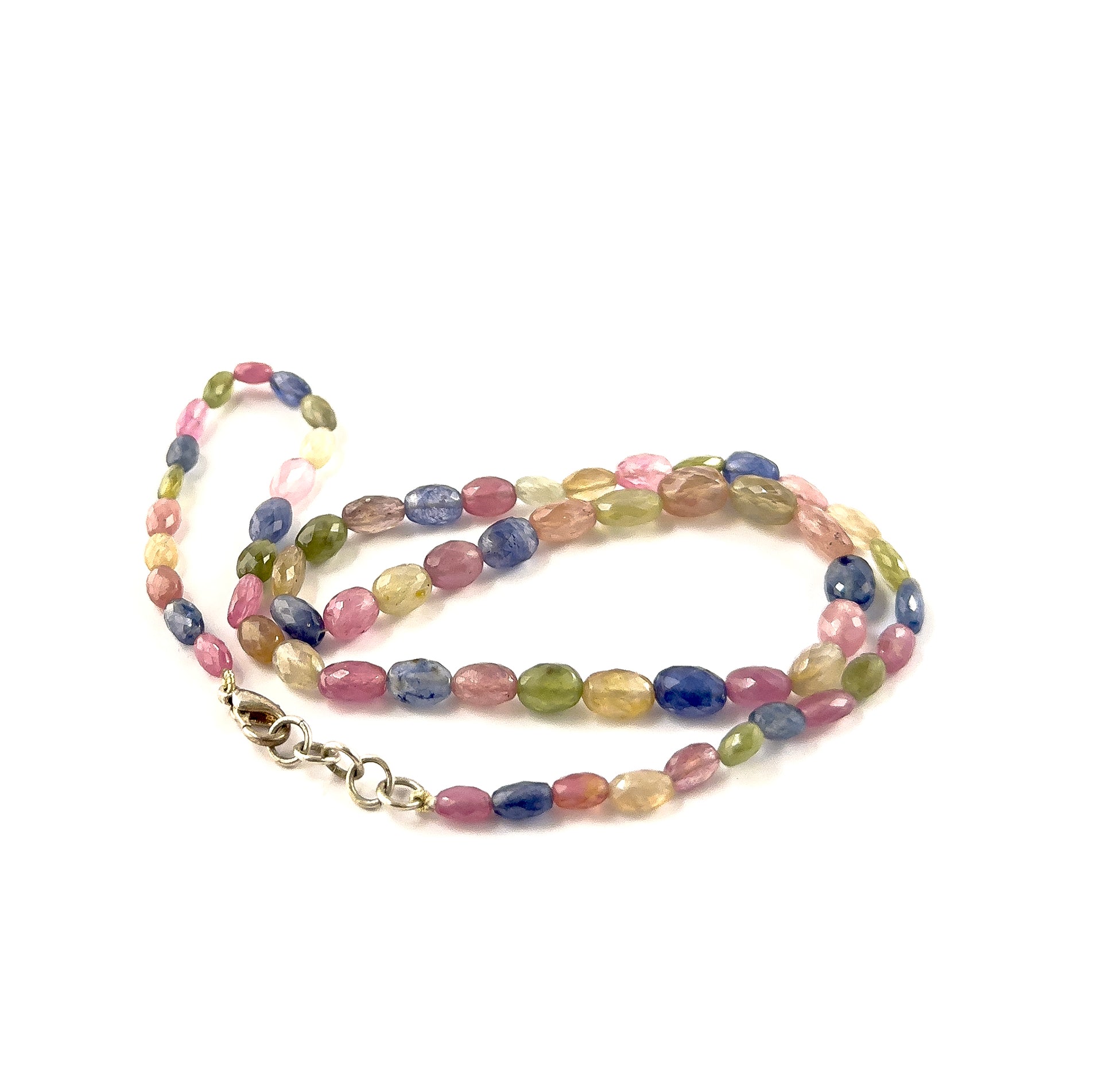 High‑quality multi Sapphire necklace with 5.5–6.5mm faceted oval beads, designed for luxury gemstone jewellery styling.