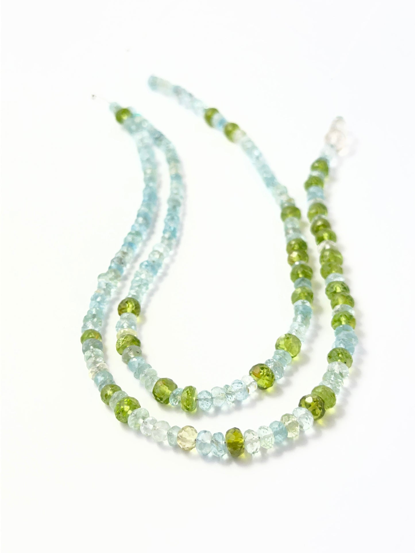 Sparkling Peridot and Aquamarine rondelle‑cut beads with bright shine, perfect for authentic gemstone beads in creative designs.
