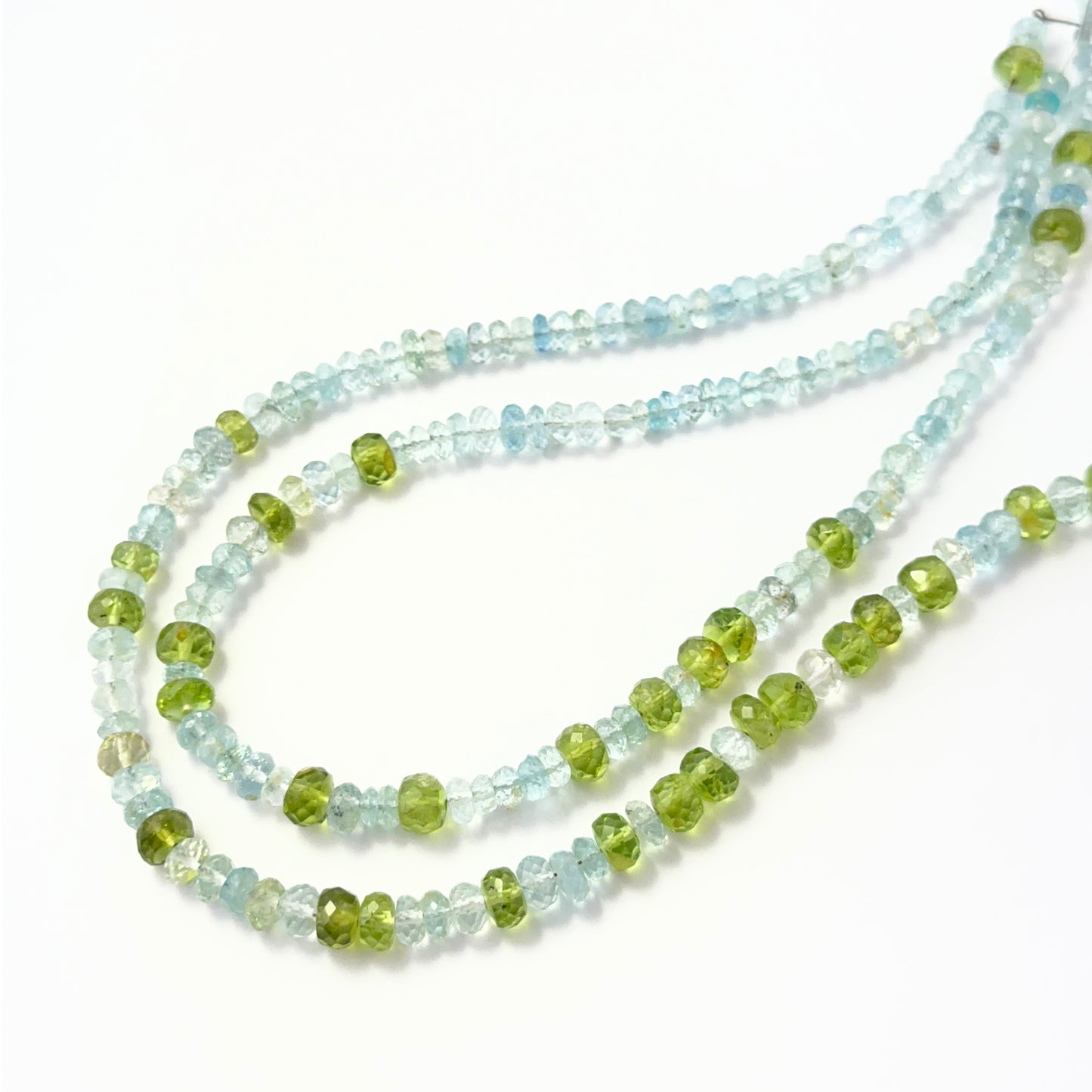 Peridot and Aquamarine faceted rondelle beads in fresh green and blue tones, ideal for genuine gemstone beads in DIY jewellery.