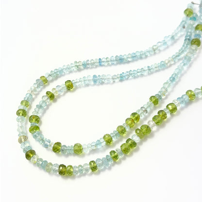 Peridot and Aquamarine faceted rondelle beads in fresh green and blue tones, ideal for genuine gemstone beads in DIY jewellery.