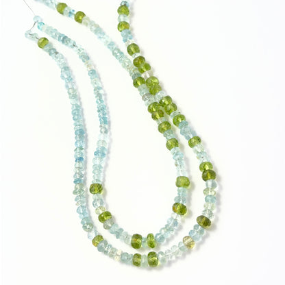 Close view of Peridot and Aquamarine faceted rondelles arranged on a 29cm strand for handmade jewellery components.