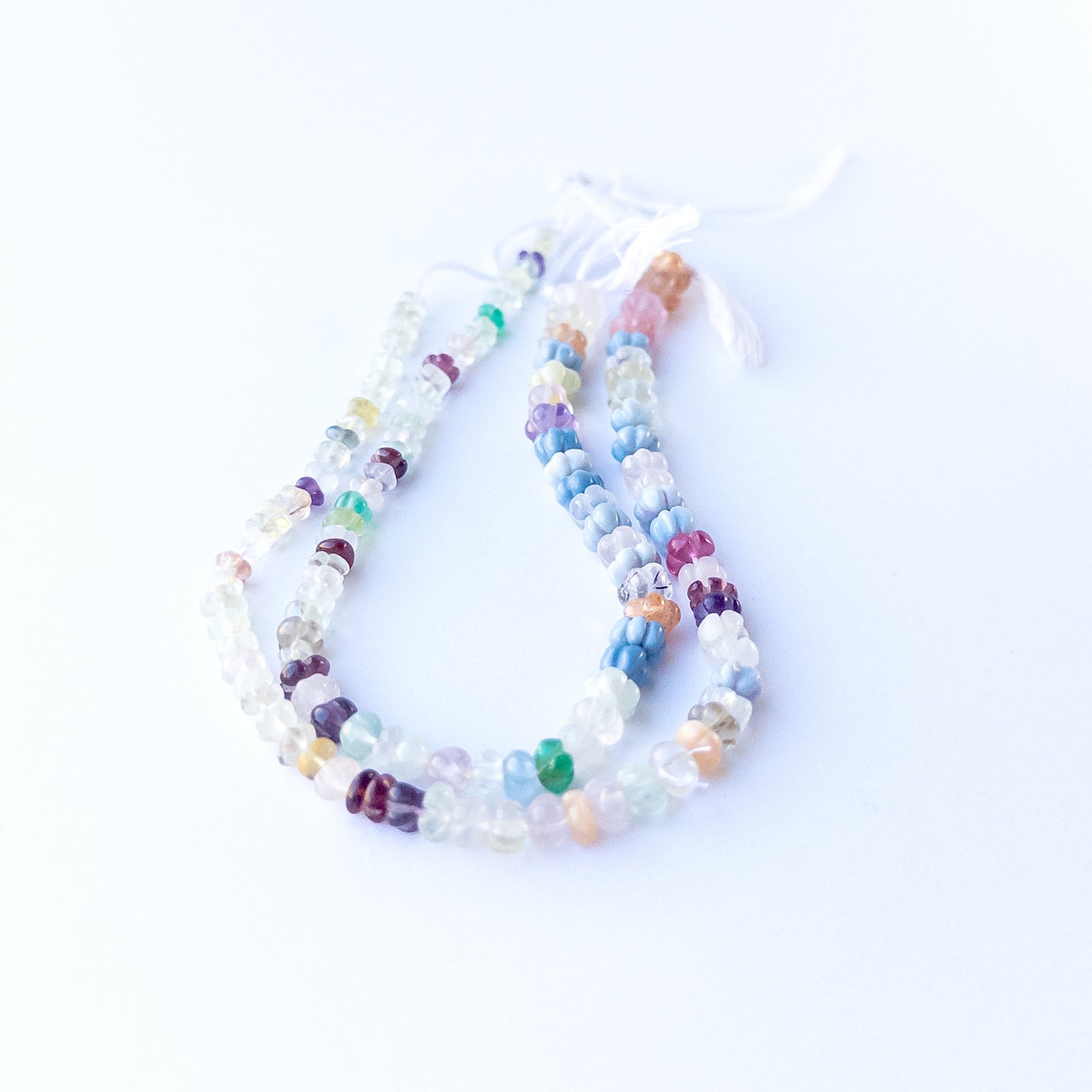 Multi‑stone pumpkin cut beads 4.5–7mm featuring Rose Quartz, Citrine, Beryl, Amethyst and Opal in a 20cm strand.