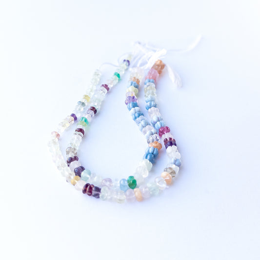 Multi‑stone pumpkin cut beads 4.5–7mm featuring Rose Quartz, Citrine, Beryl, Amethyst and Opal in a 20cm strand.