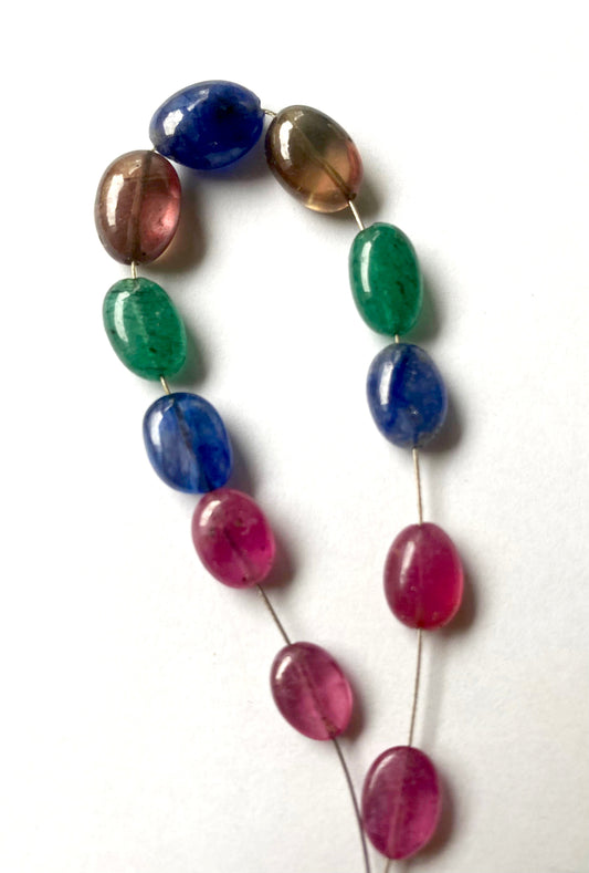 Multi Stone | Smooth Oval Beads | Ruby | Blue Sapphire | Emerald | 7-9mm Bead Size | 11 Pieces | 59 Carats