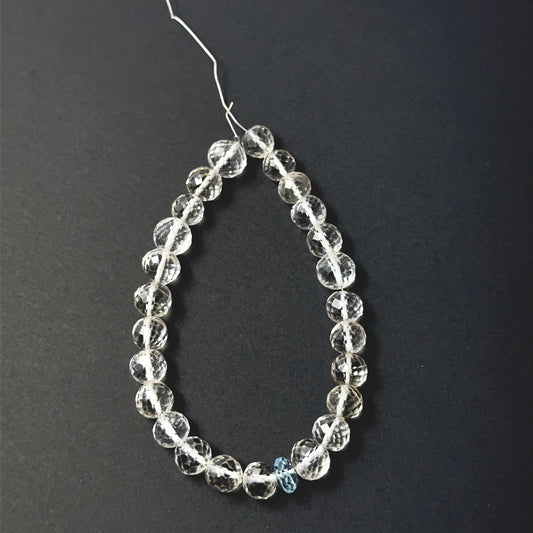 Soft pink rose quartz and cool aquamarine faceted round beads, 7–8mm, arranged in a 25‑piece set for handmade jewellery components.