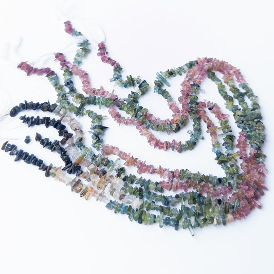 Multi Tourmaline chips and nuggets displaying vibrant colours and natural texture in a detailed strand.