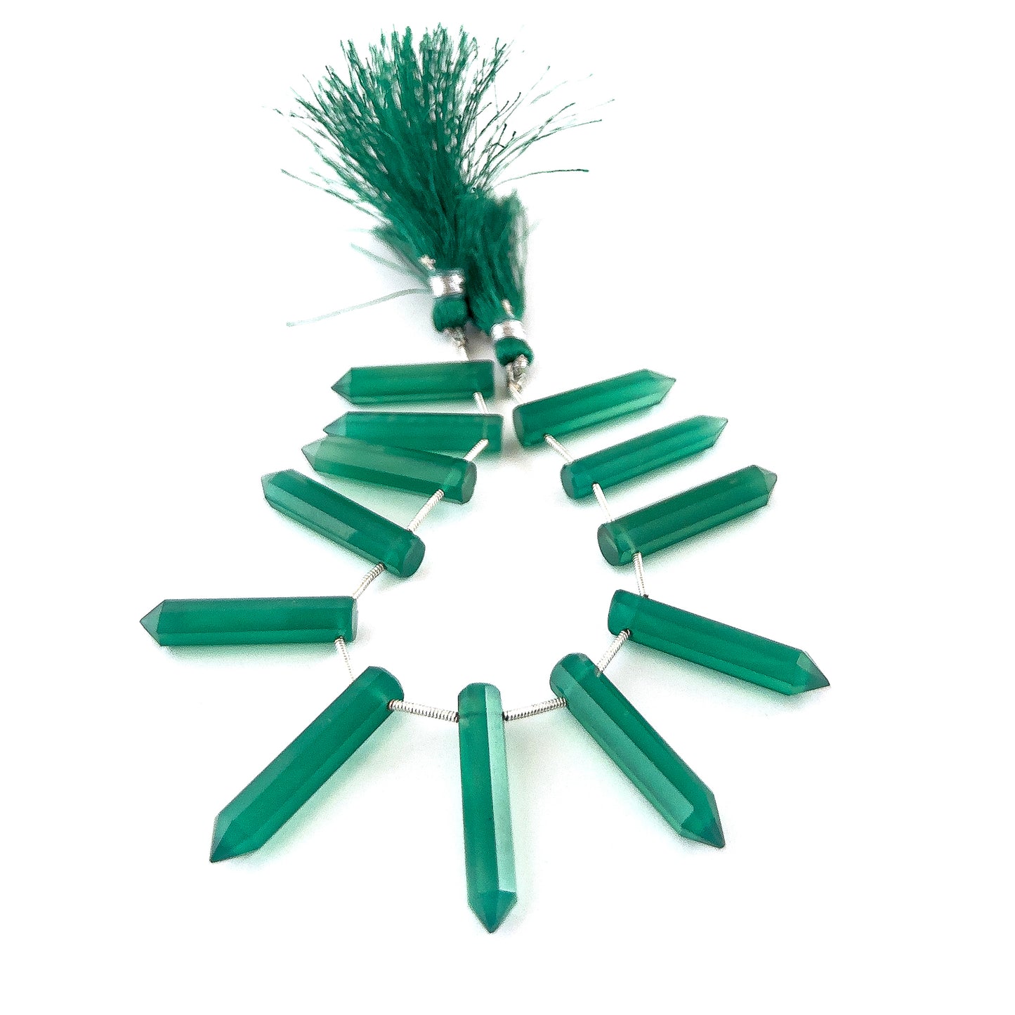 Green Onyx briolette gemstones sized 5.5–6mm, arranged as 12 polished pieces with clean, tapered cuts.