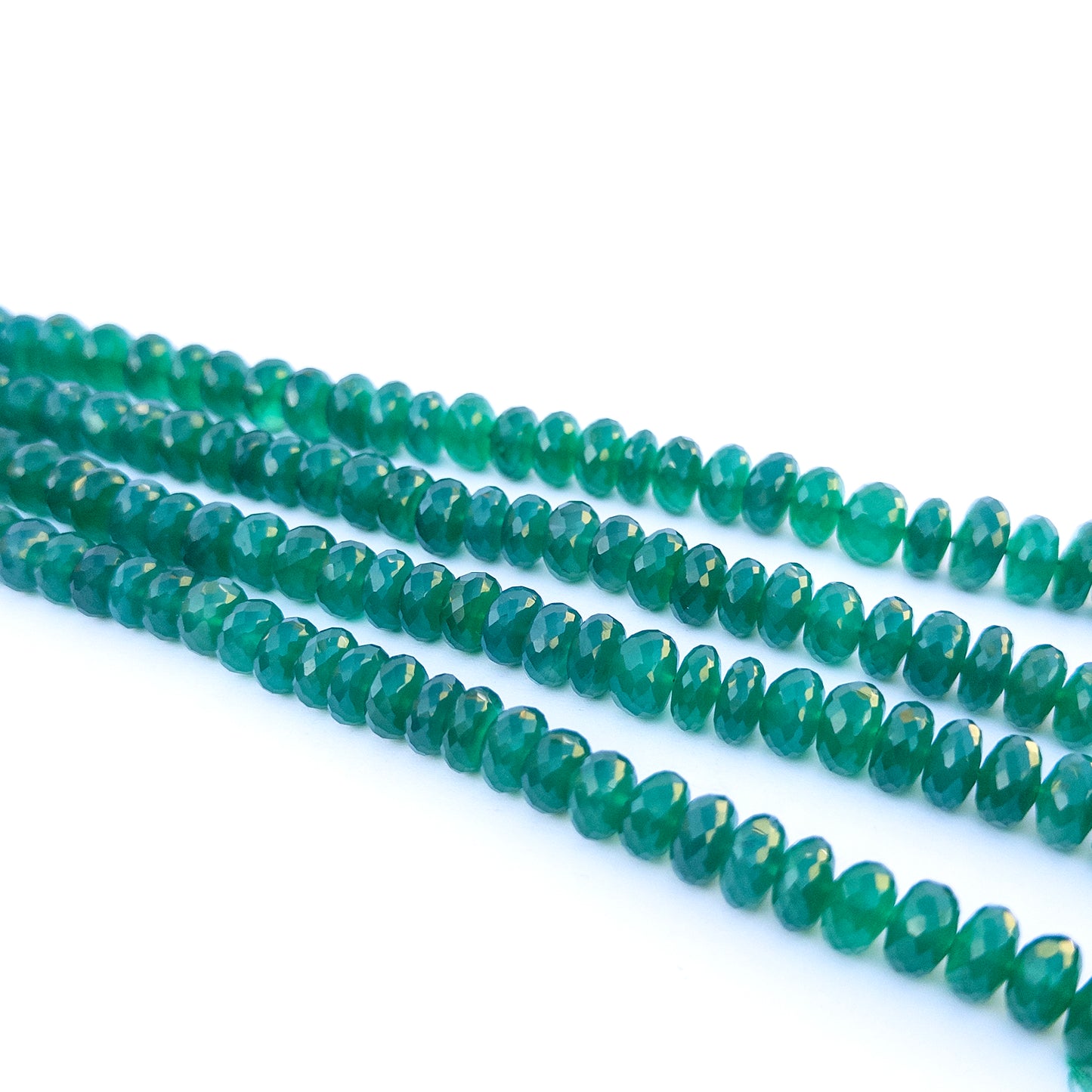 9.5–10mm authentic green onyx stone beads with crisp faceting and polished shine for jewellery design work.