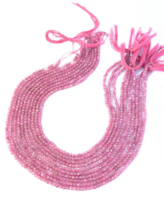 Pink Tourmaline faceted rondelle stone beads showing soft rosy colour and sparkle for genuine gemstone beads in DIY jewellery.