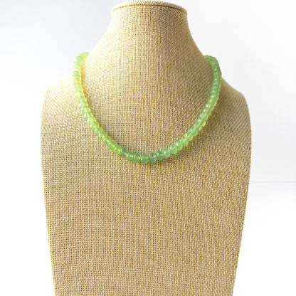 Prehnite faceted rondelle necklace 7.5mm showing soft green tones and sparkling translucency in a 43cm design.