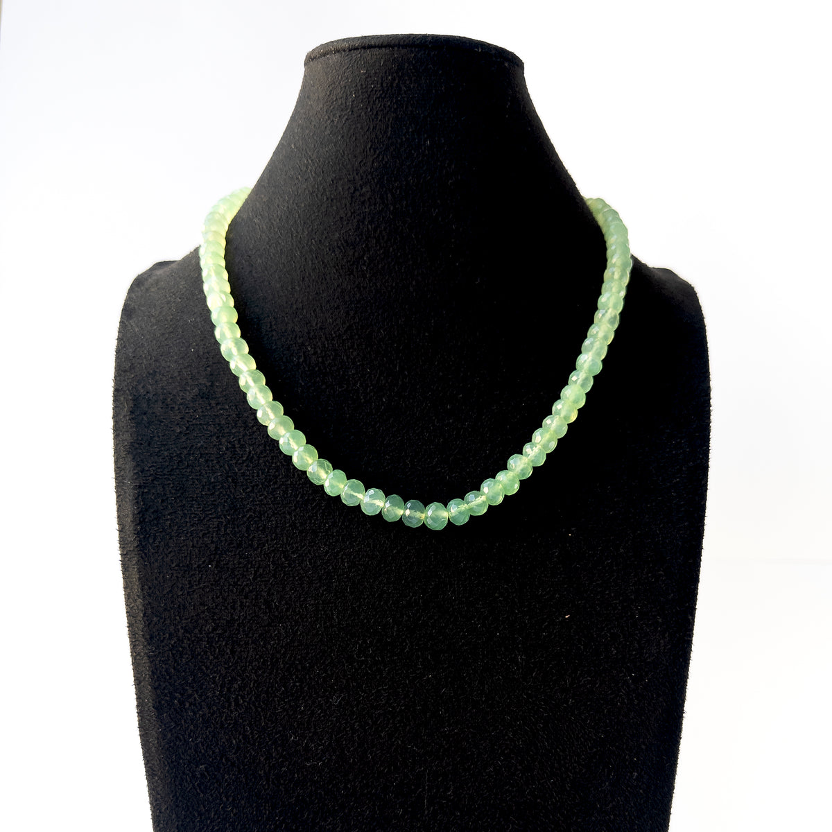 Authentic Prehnite gemstone necklace displaying natural colour, refined faceting, and premium clarity.