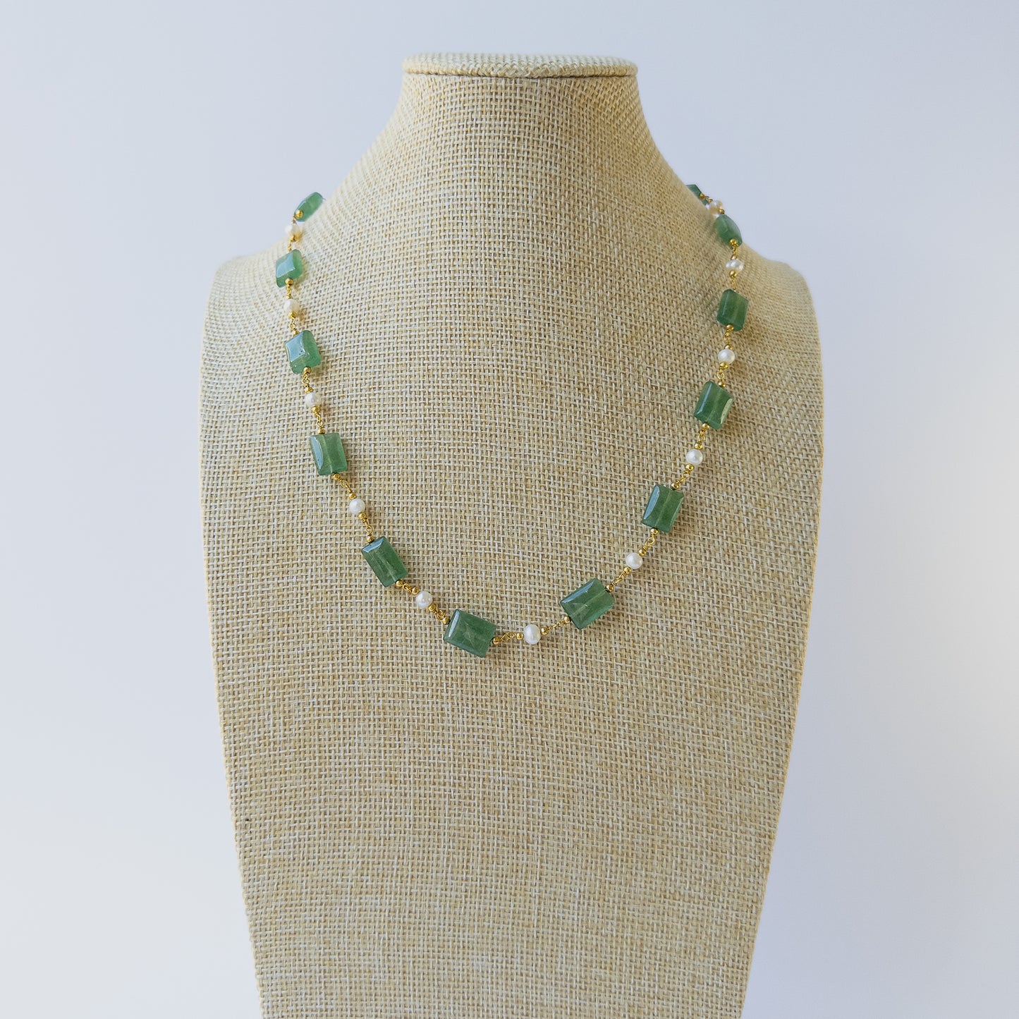 Soft white Quartz and Freshwater Pearl beads arranged in a smooth rectangle necklace for handmade jewellery.
