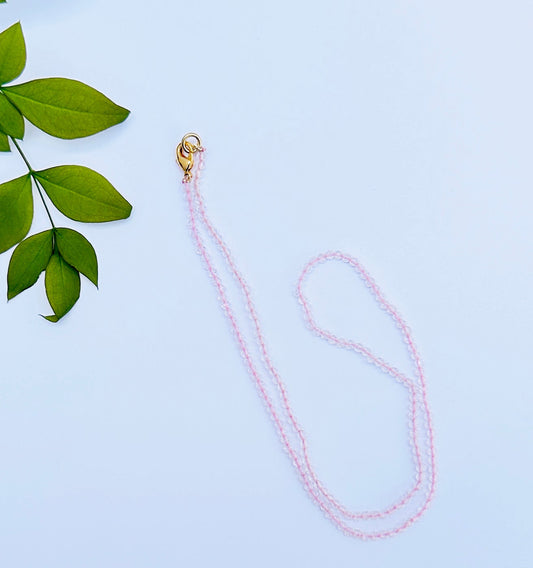 Natural gemstone necklace featuring 2.5mm faceted Rose Quartz beads.