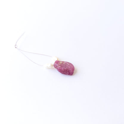 Ruby and Freshwater Pearl rough‑drilled beads showing natural texture and rich red‑white contrast in a 3‑piece set.