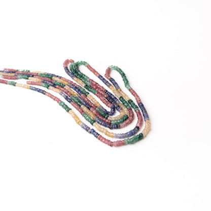 Handmade jewellery components crafted from Ruby Blue Sapphire Yellow Sapphire and Emerald faceted rondelle beads.