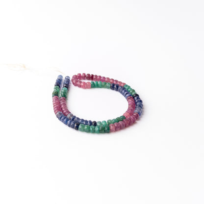 Multi Precious Ruby Blue Sapphire and Emerald faceted rondelle gemstone beads strand with vibrant red blue and green colours, 143 carats.